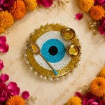 Turquoise evil eye pearl roli chawal platter - front view