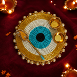 Turquoise evil eye pearl roli chawal platter - angled view