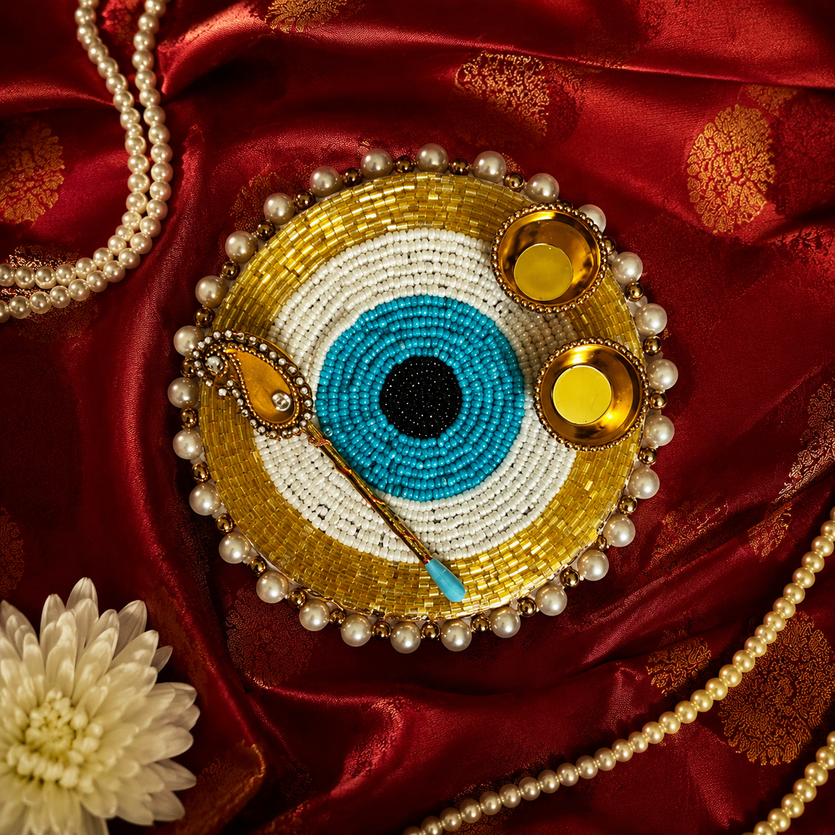 Turquoise evil eye pearl roli chawal platter - detail view