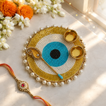 Turquoise evil eye pearl roli chawal platter - festive view