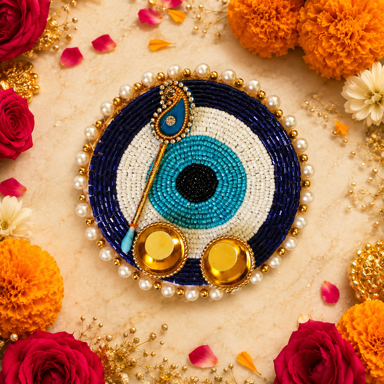 Navy evil eye pearl roli chawal platter - front view