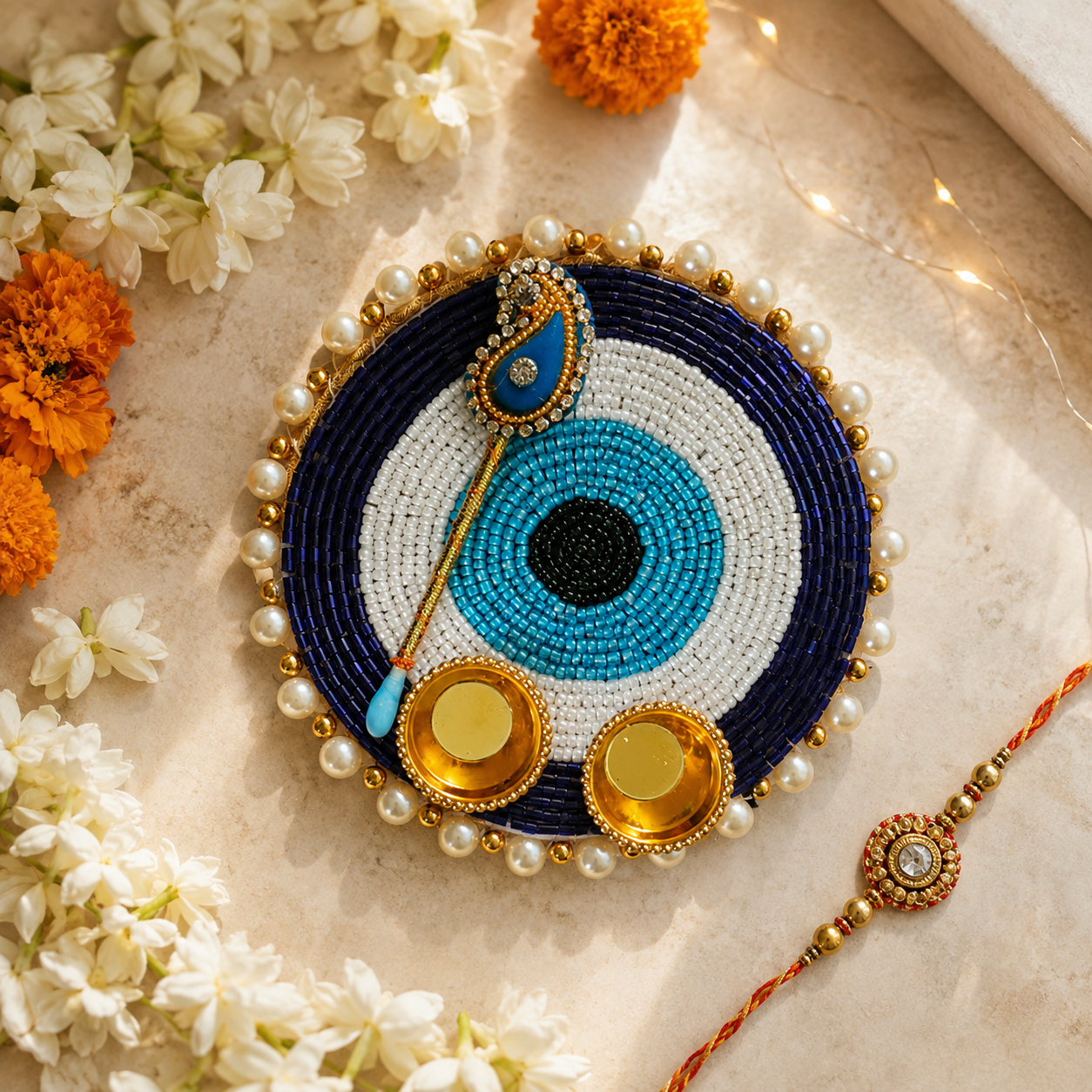 Navy evil eye pearl roli chawal platter - angled view