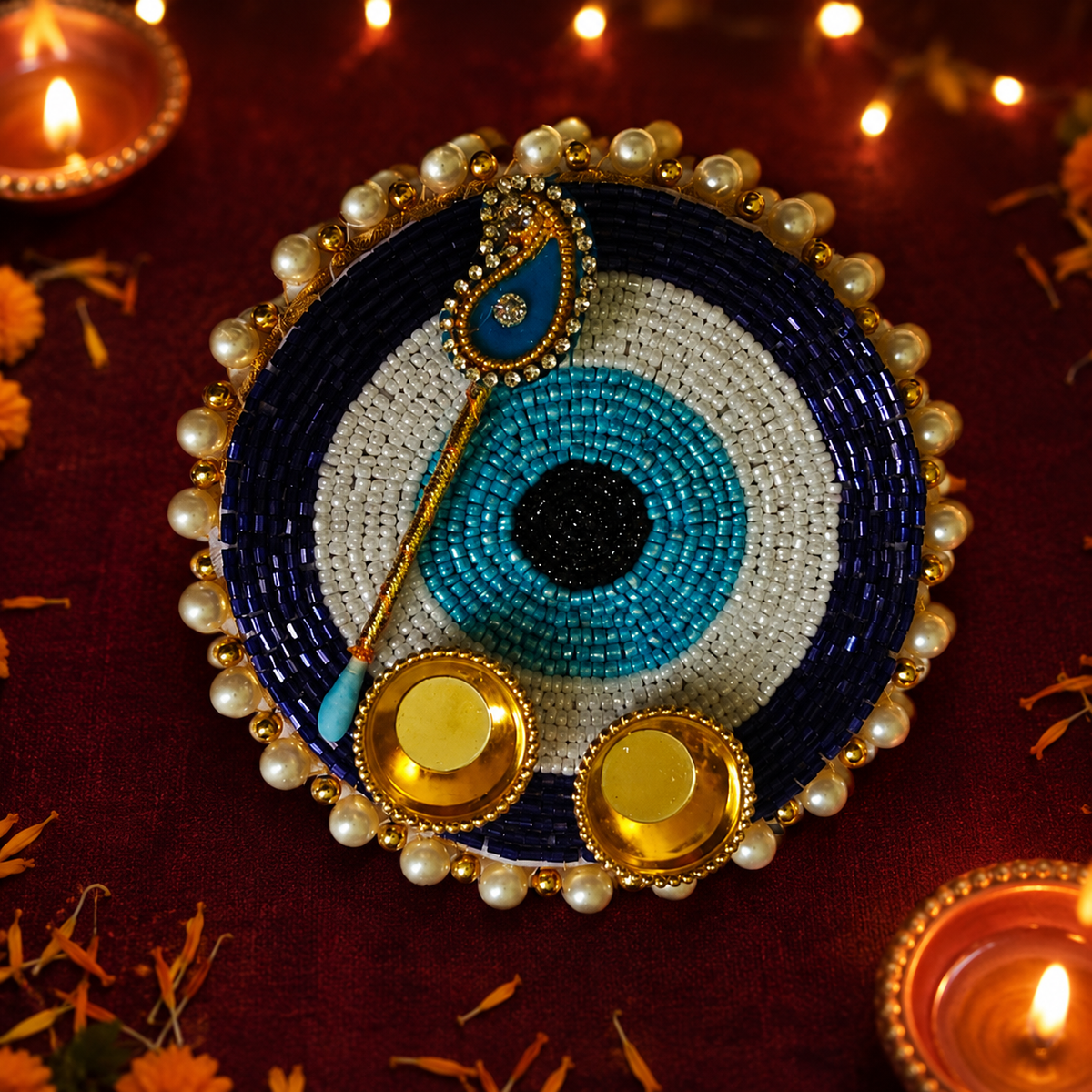 Navy evil eye pearl roli chawal platter - detail view
