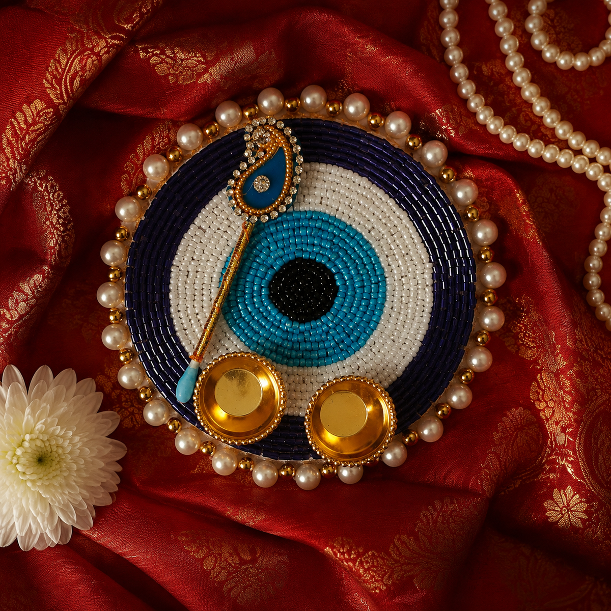 Navy evil eye pearl roli chawal platter - festive view