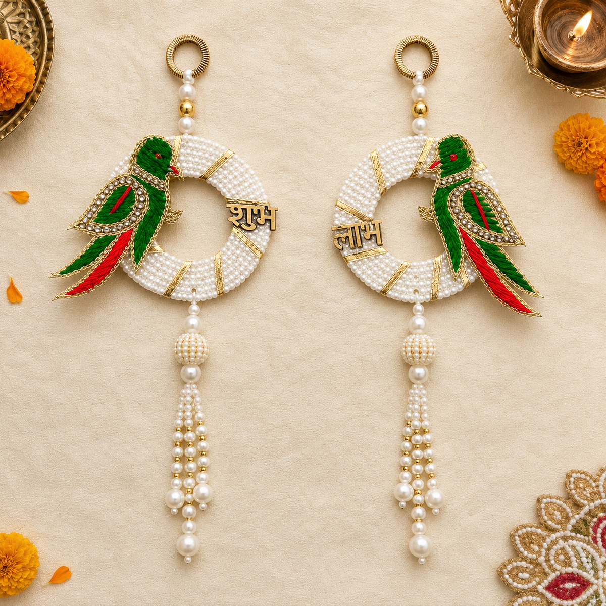 Parrot pearl Shubh Labh door hanging – view 3