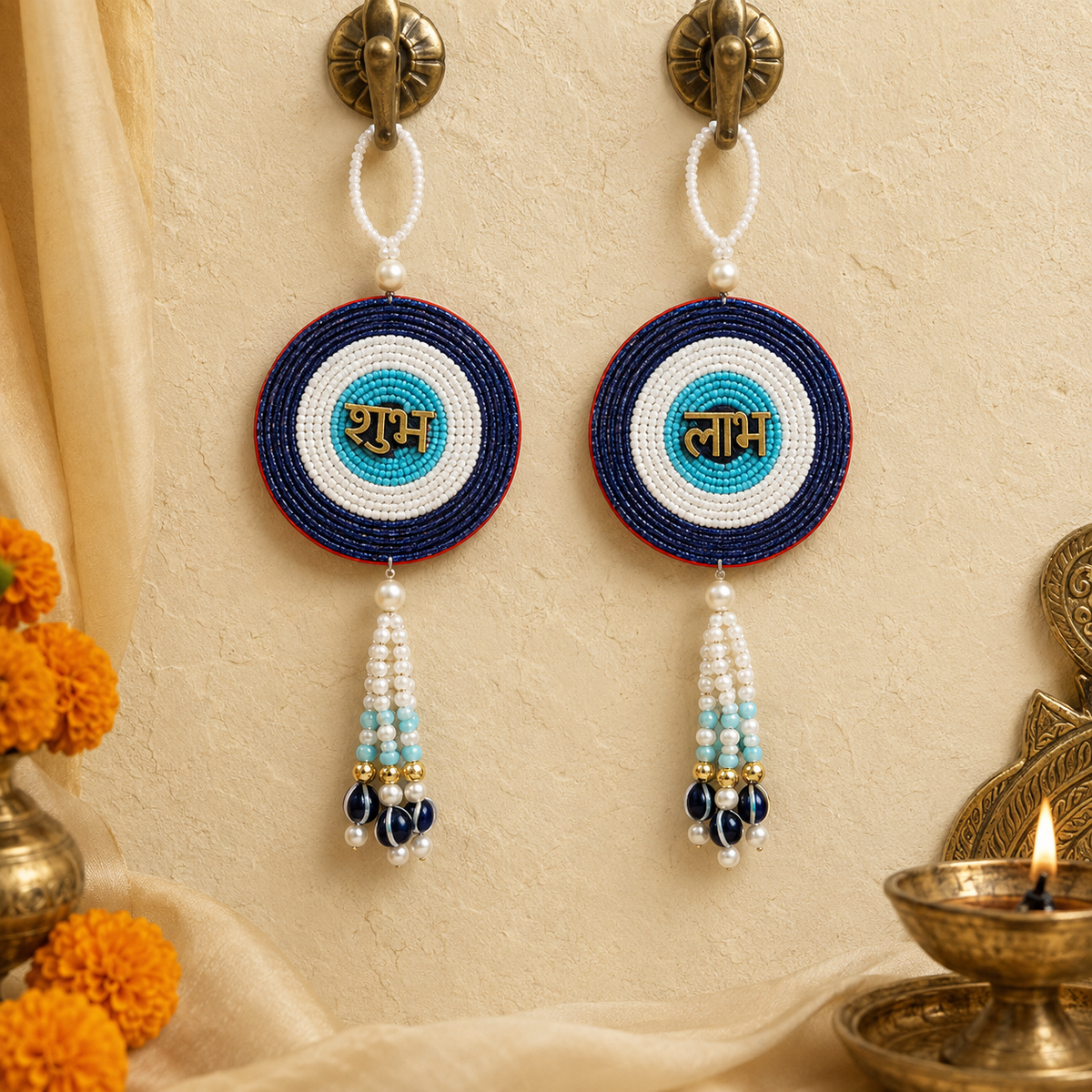 Blue chakra beaded Shubh Labh door hanging – view 1