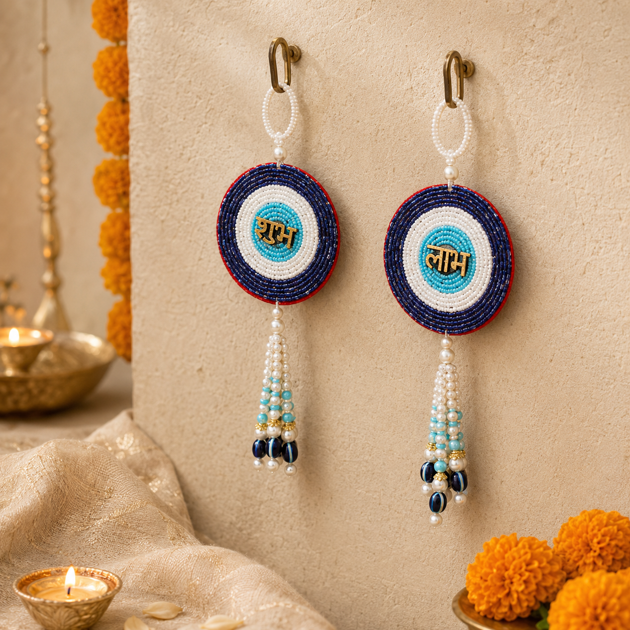 Blue chakra beaded Shubh Labh door hanging – view 2