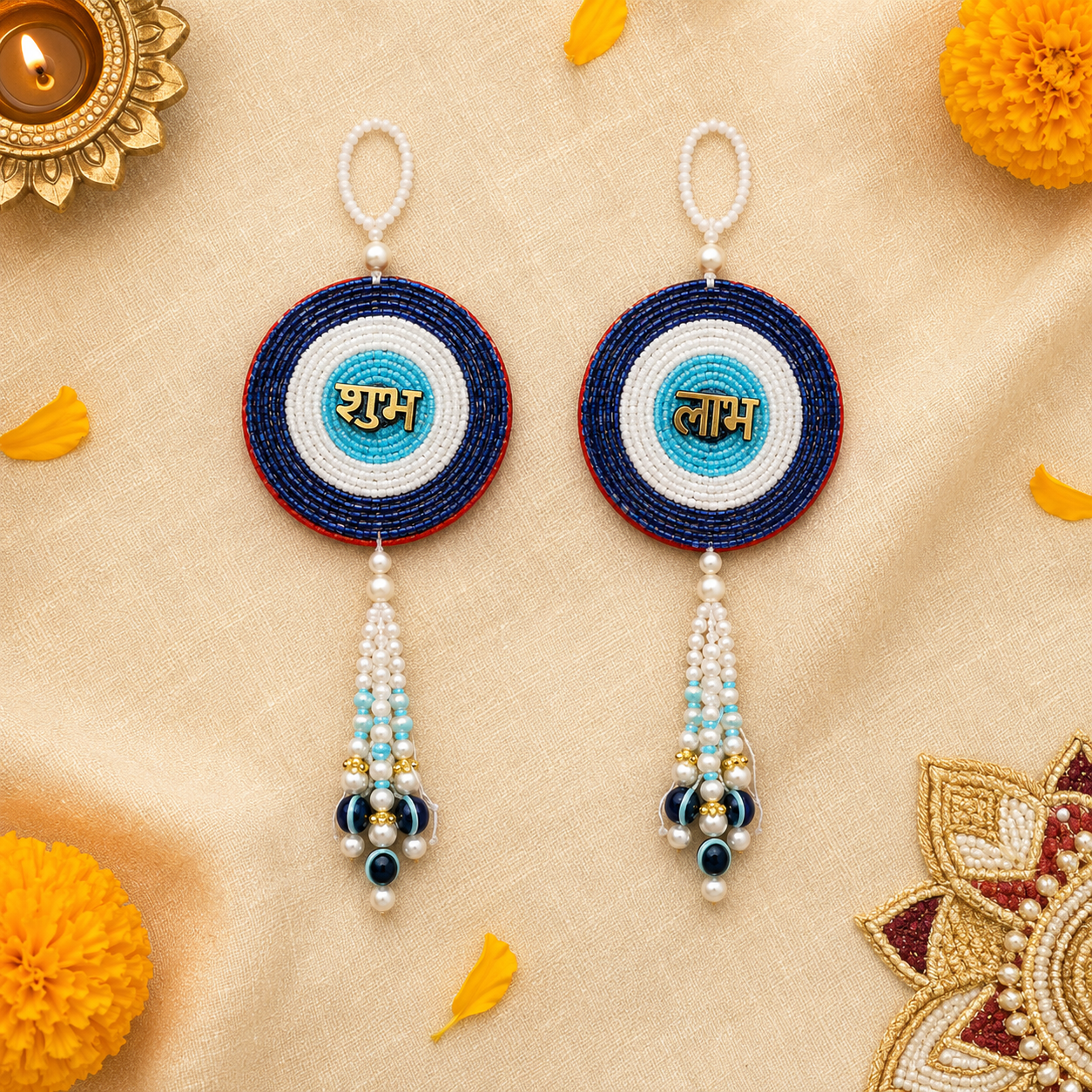 Blue chakra beaded Shubh Labh door hanging – view 3