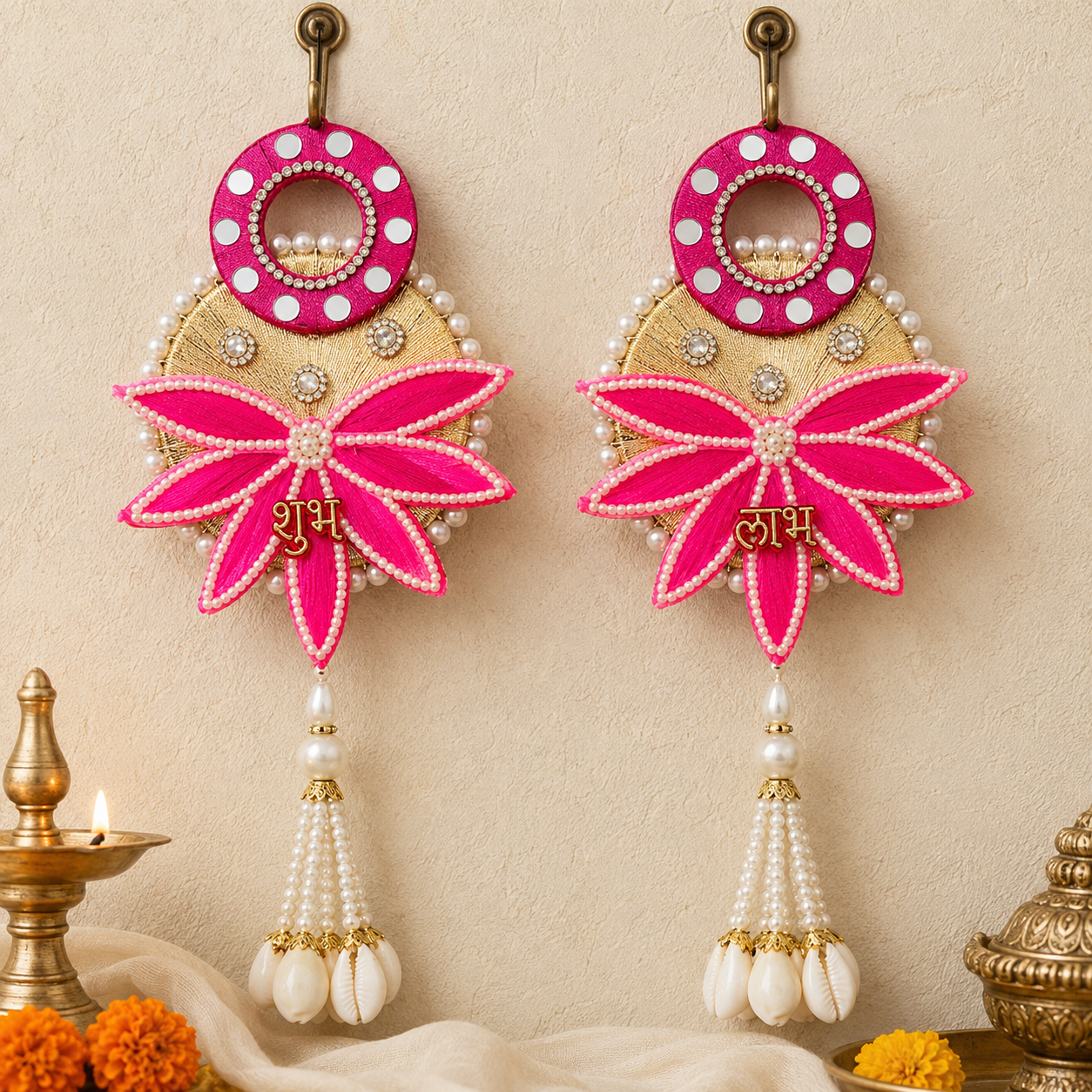 Pink lotus and cowrie Shubh Labh door hanging – view 1