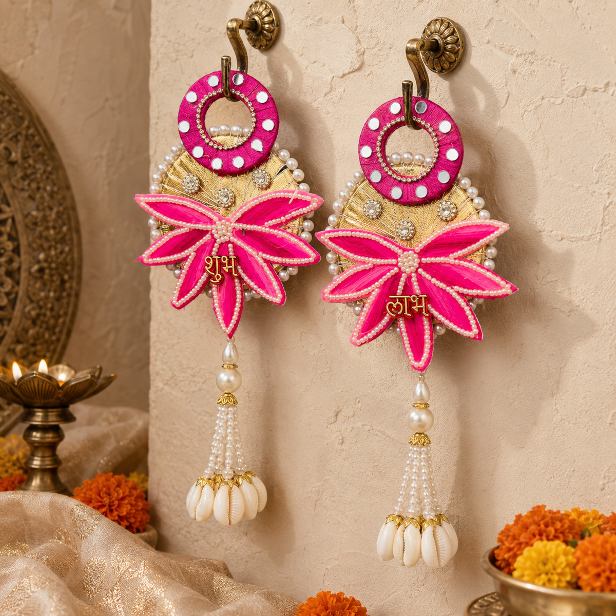 Pink lotus and cowrie Shubh Labh door hanging – view 2