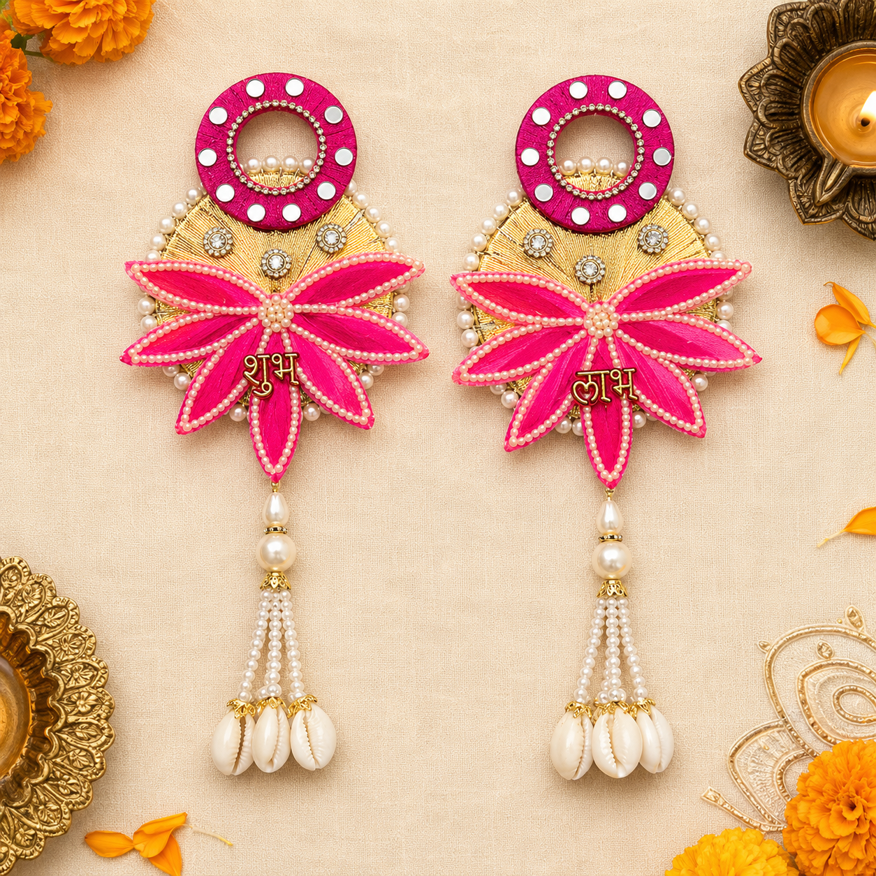 Pink lotus and cowrie Shubh Labh door hanging – view 3