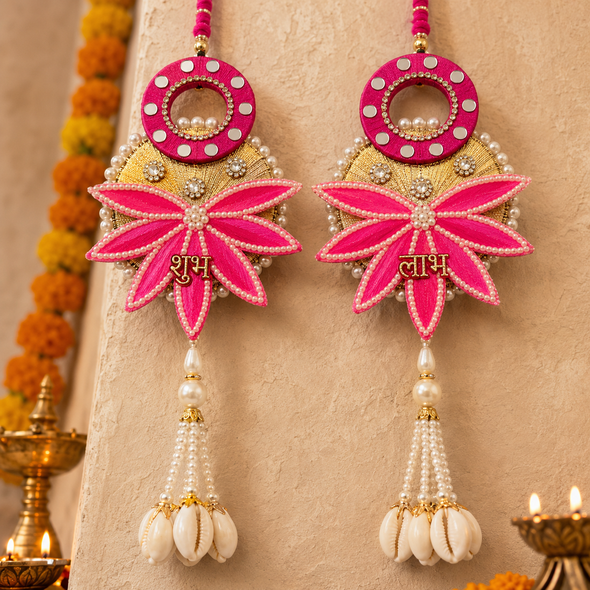 Pink lotus and cowrie Shubh Labh door hanging – view 4