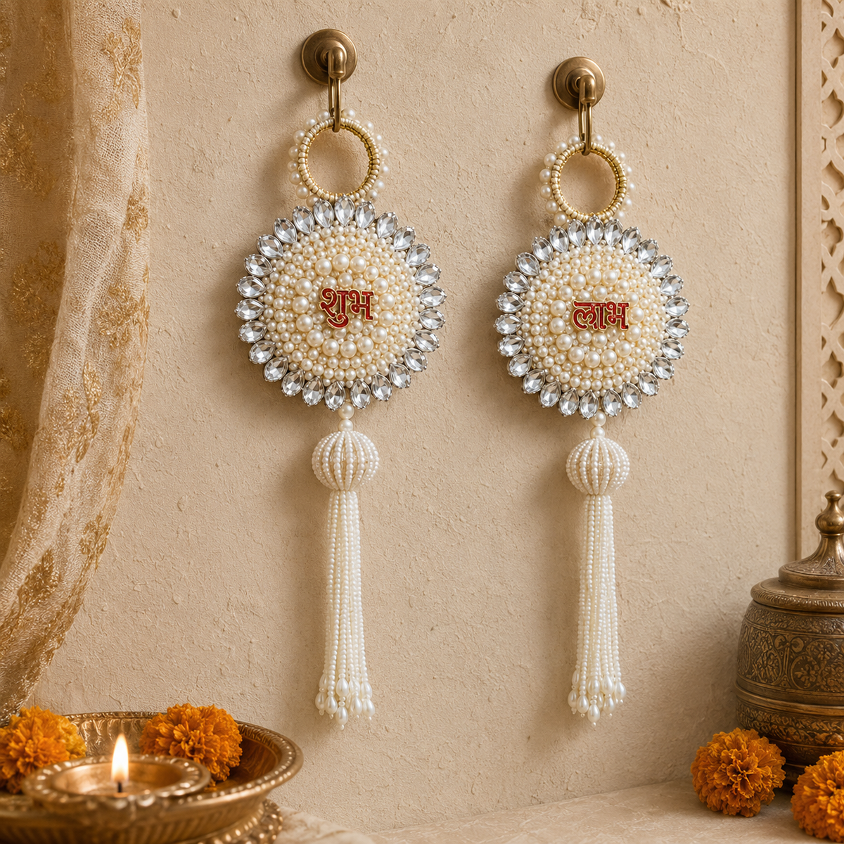 Crystal pearl floral Shubh Labh door hanging – view 2