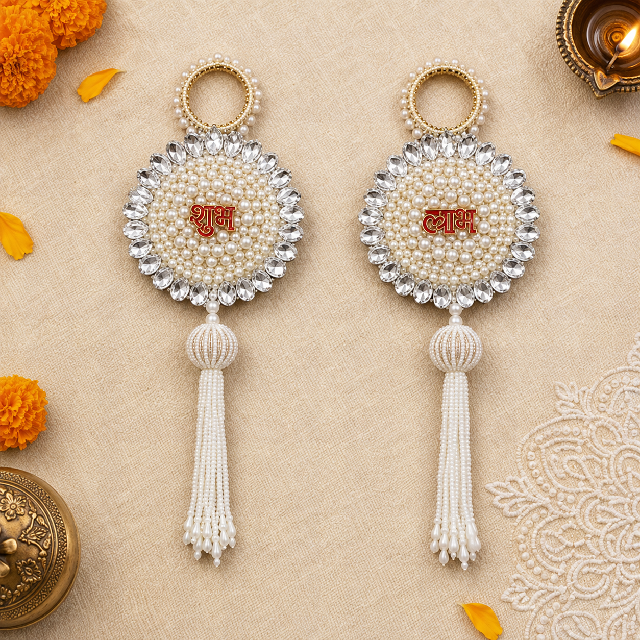 Crystal pearl floral Shubh Labh door hanging – view 3