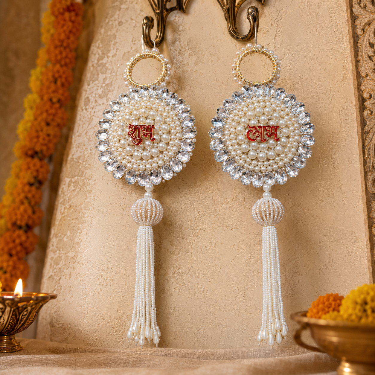 Crystal pearl floral Shubh Labh door hanging – view 4