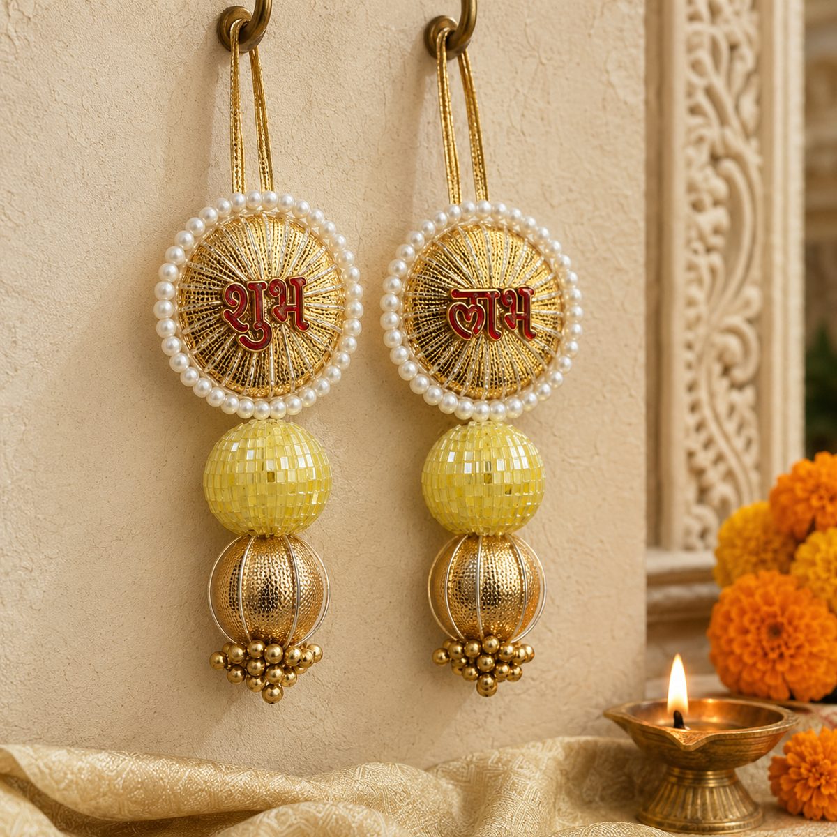 Yellow gold pearl Shubh Labh latkan – view 2