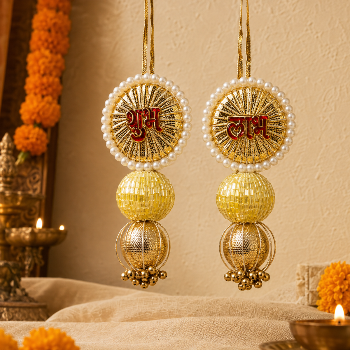 Yellow gold pearl Shubh Labh latkan – view 4