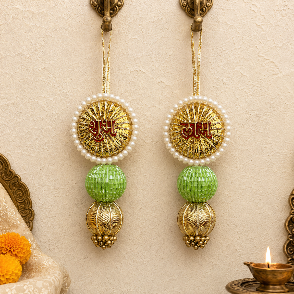 Green gold pearl Shubh Labh latkan – view 1
