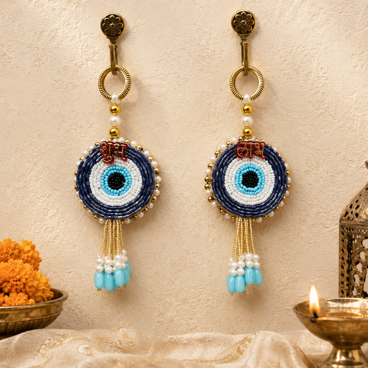 Blue evil eye Shubh Labh beaded hanging – view 1