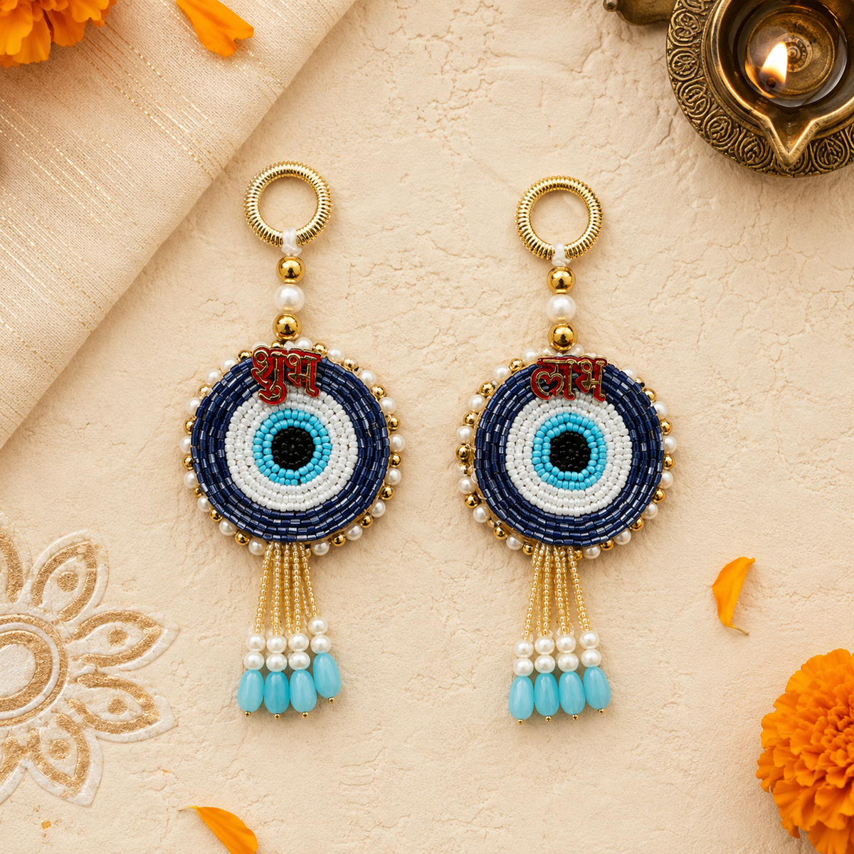 Blue evil eye Shubh Labh beaded hanging – view 3