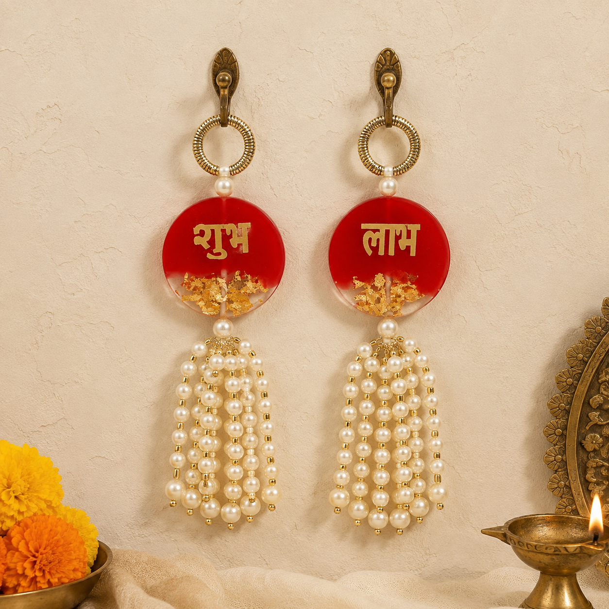 Ruby resin pearl Shubh Labh hanging – view 1