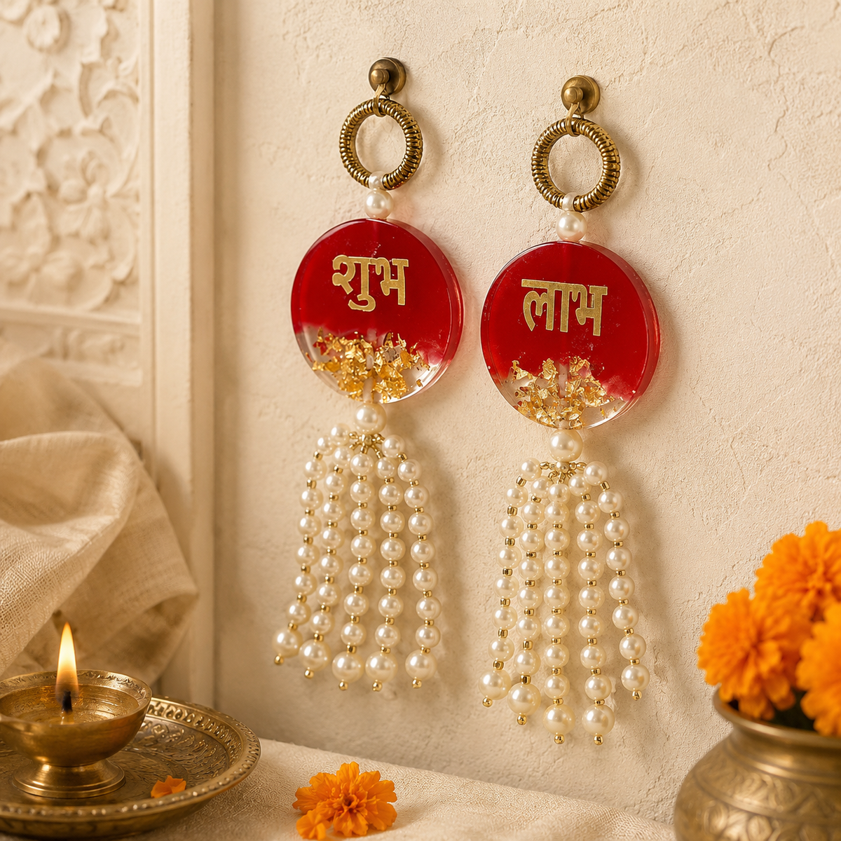 Ruby resin pearl Shubh Labh hanging – view 2