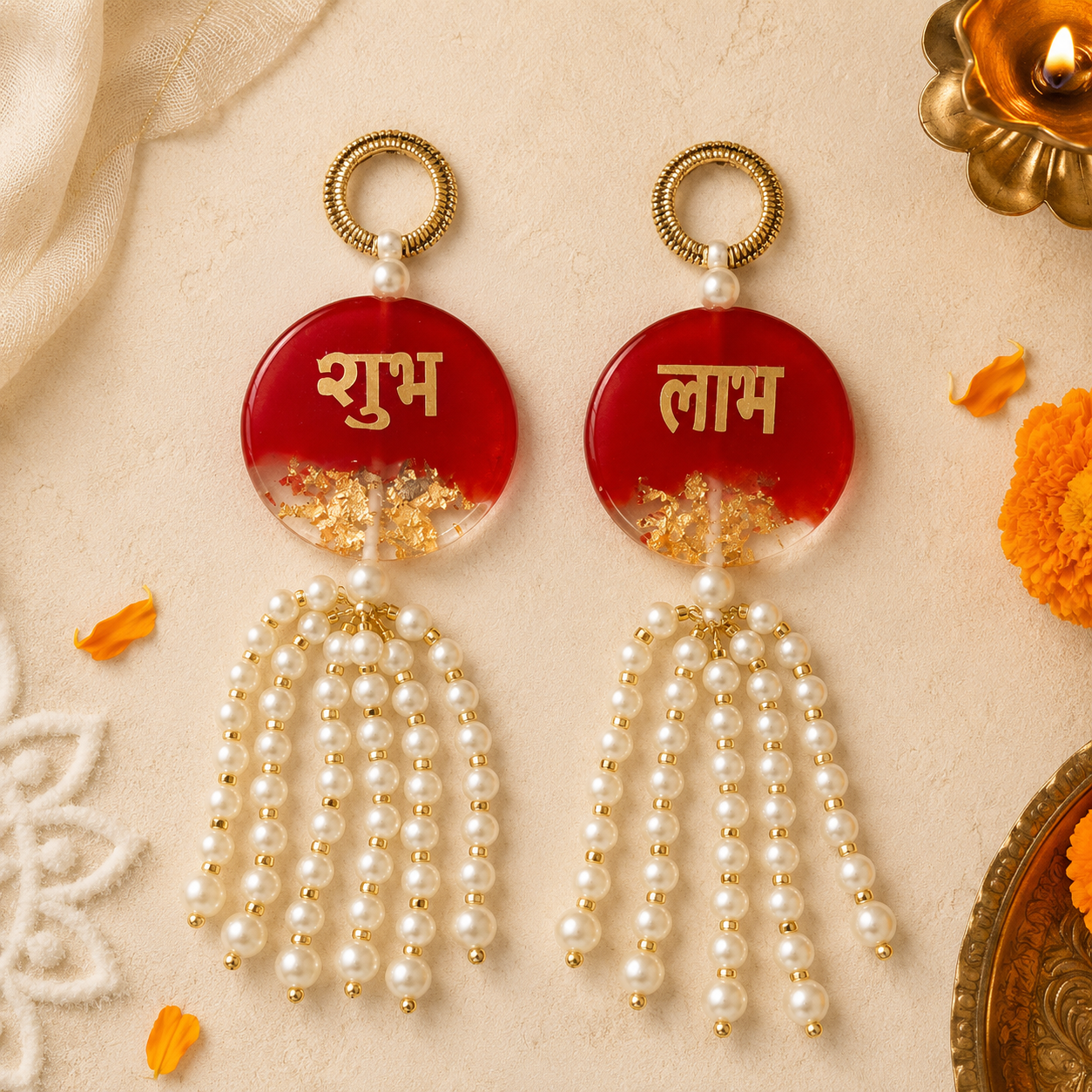 Ruby resin pearl Shubh Labh hanging – view 3