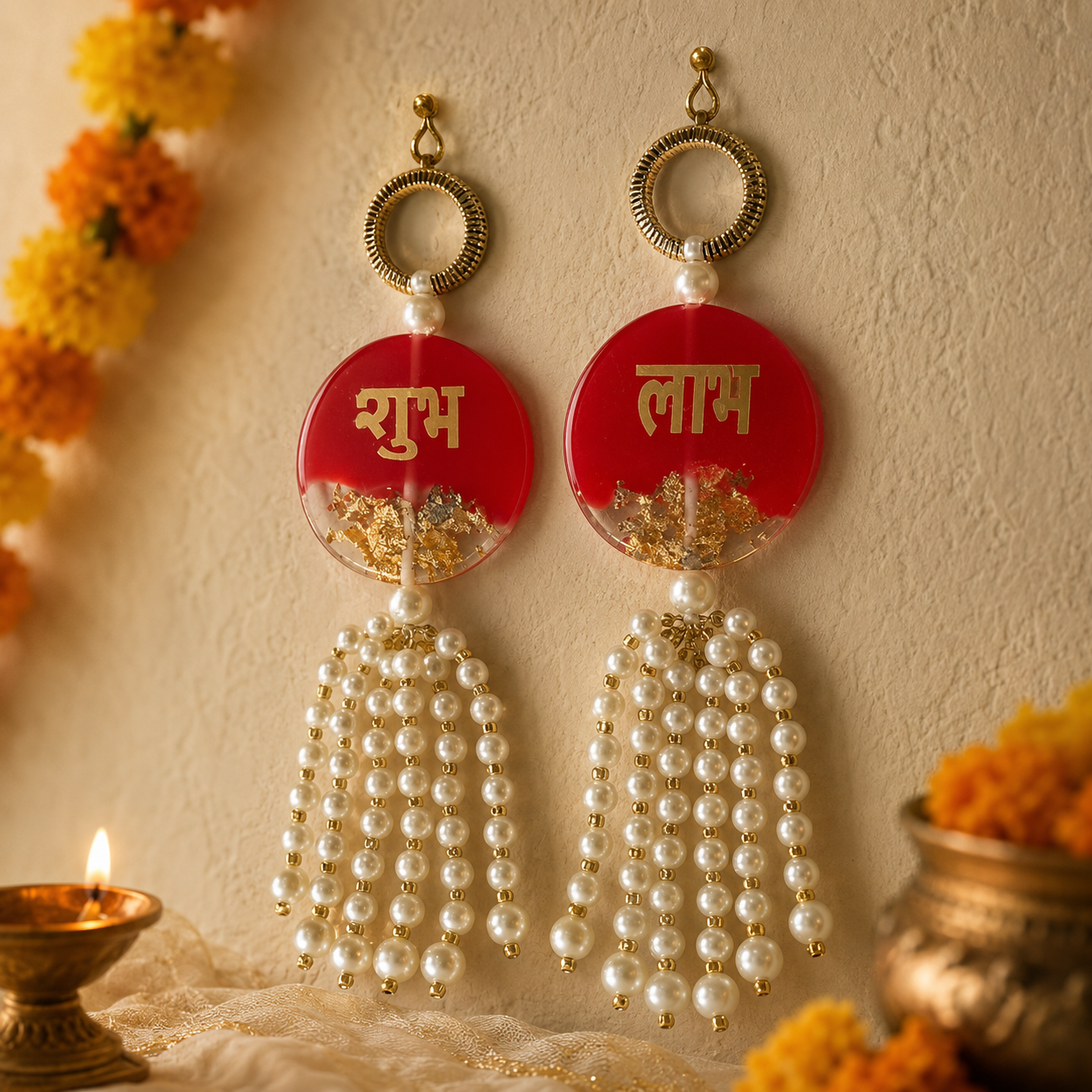 Ruby resin pearl Shubh Labh hanging – view 4