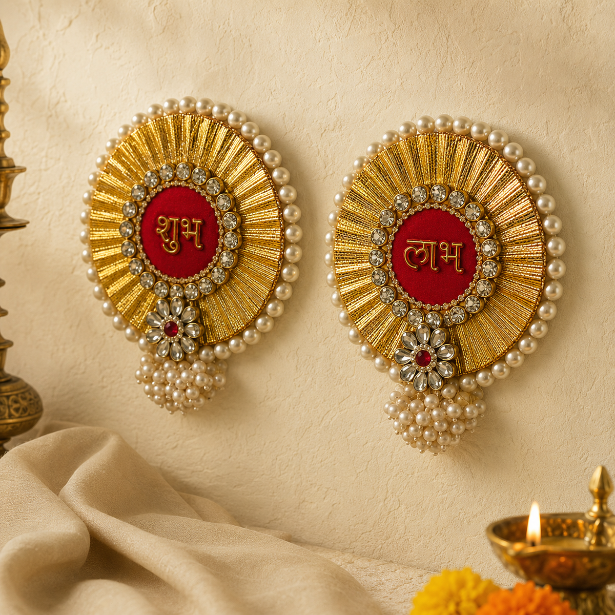 Kundan sunburst Shubh Labh wall hanging – view 2