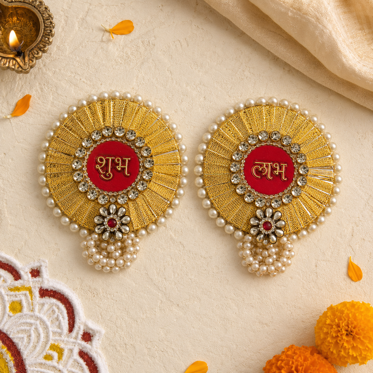 Kundan sunburst Shubh Labh wall hanging – view 3
