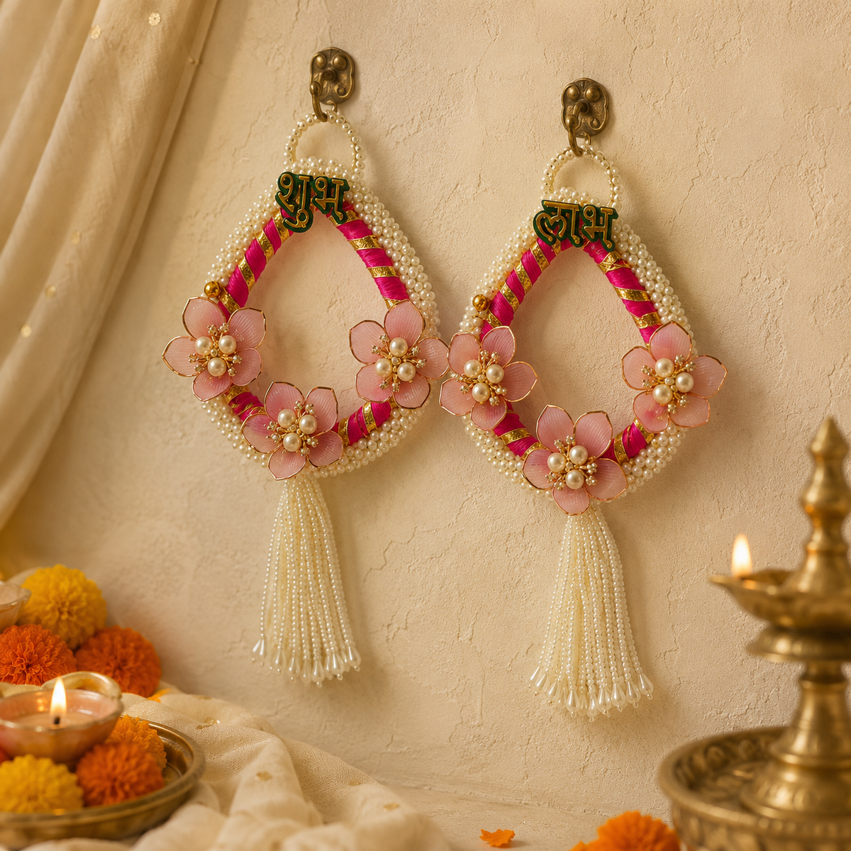 Pink floral pearl Shubh Labh door hanging – view 2