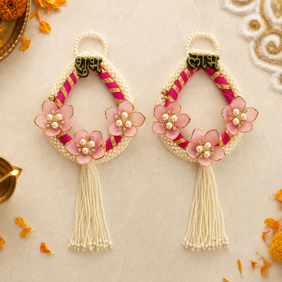 Pink floral pearl Shubh Labh door hanging – view 3