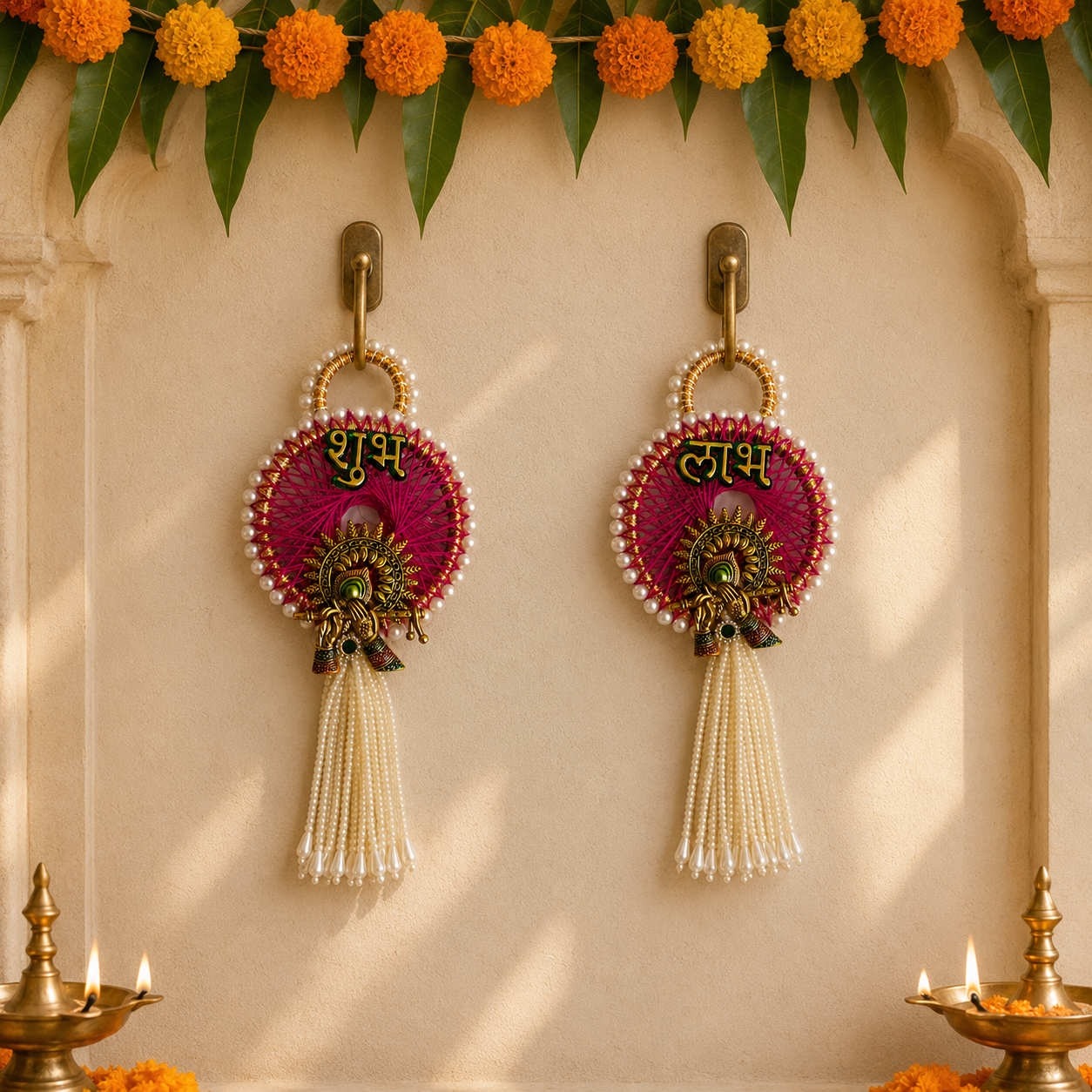 Peacock motif Shubh Labh pearl hanging – view 1