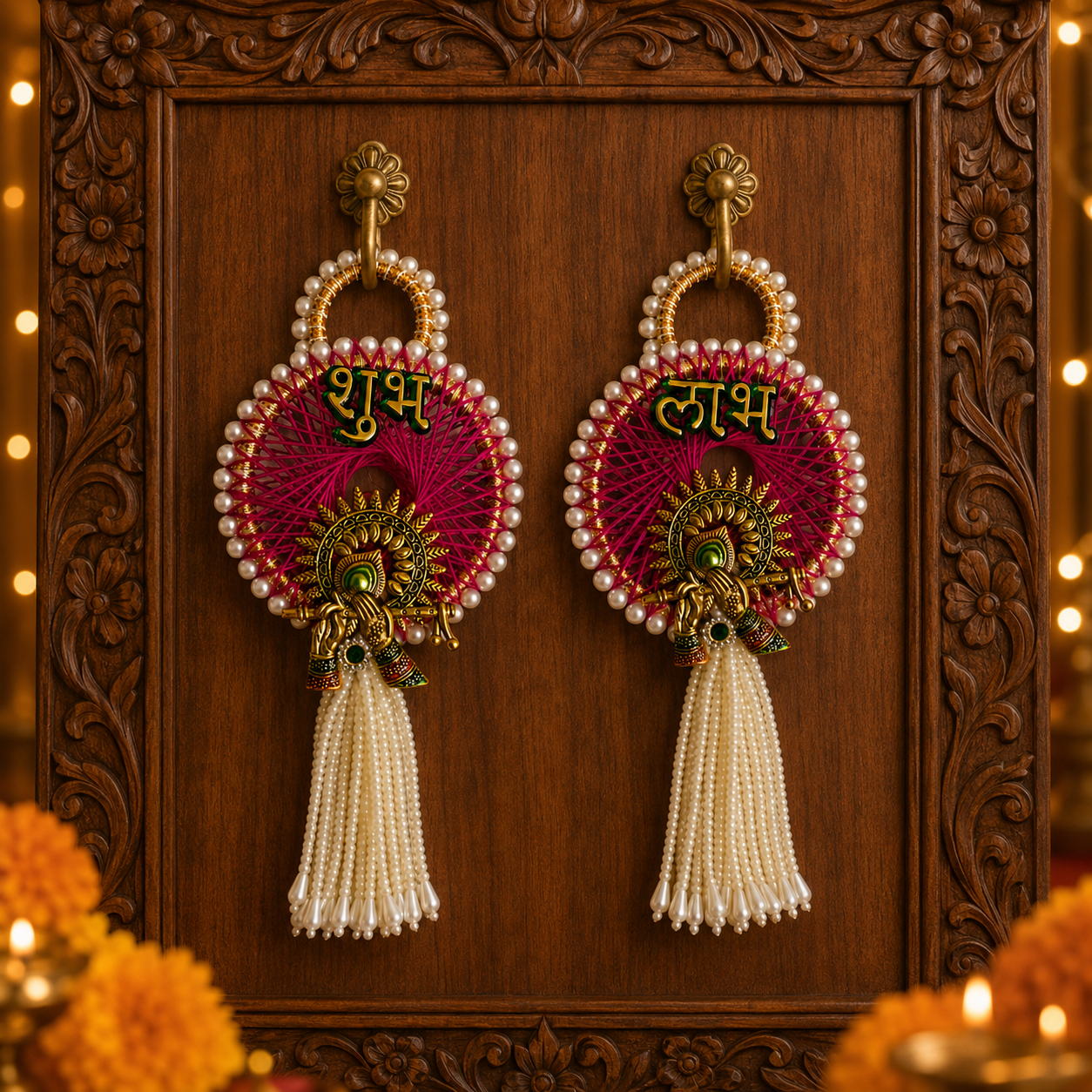 Peacock motif Shubh Labh pearl hanging – view 2