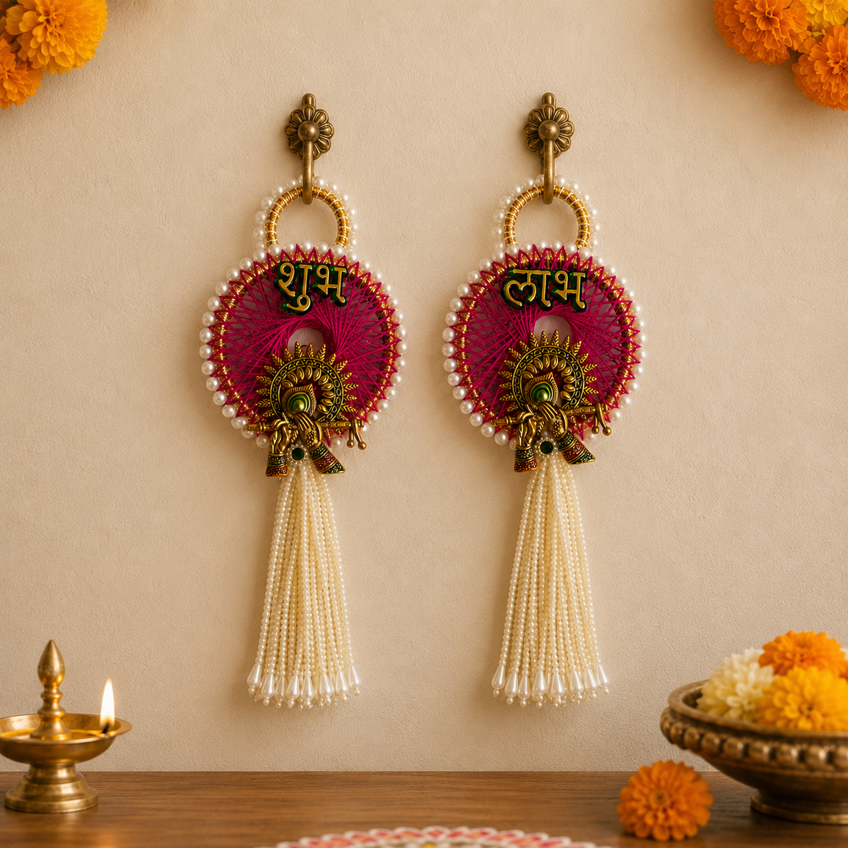 Peacock motif Shubh Labh pearl hanging – view 5