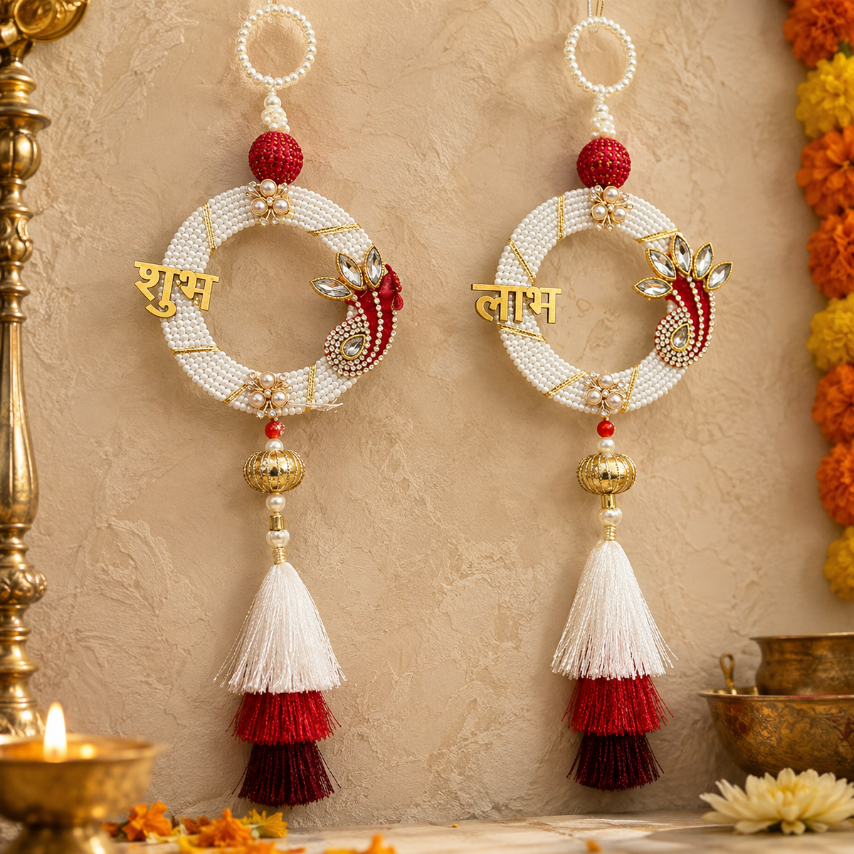 Peacock pearl tassel Shubh Labh door hanging – view 1