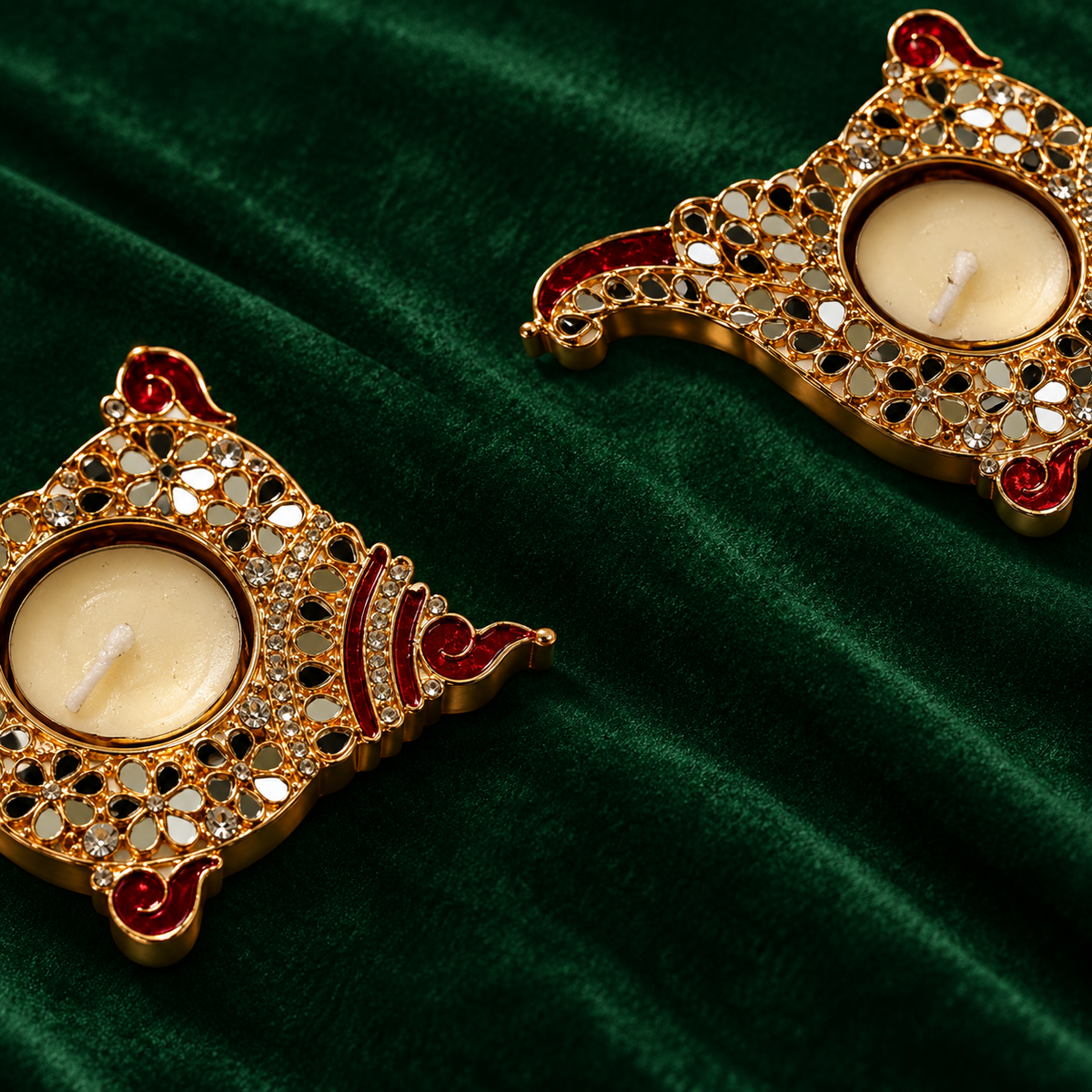 Rajsi Red & Gold Angular Metal Tealight Holders – Pair - Side-cut detail