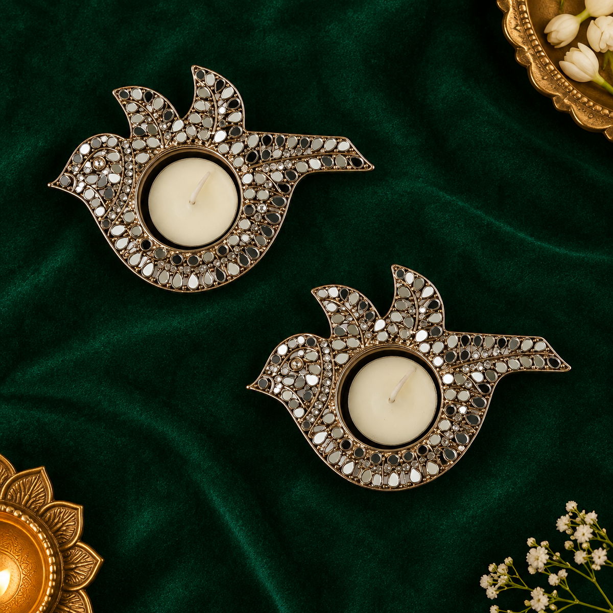Rajhans Crystal Metal Tealight Holders – Pair - Top view