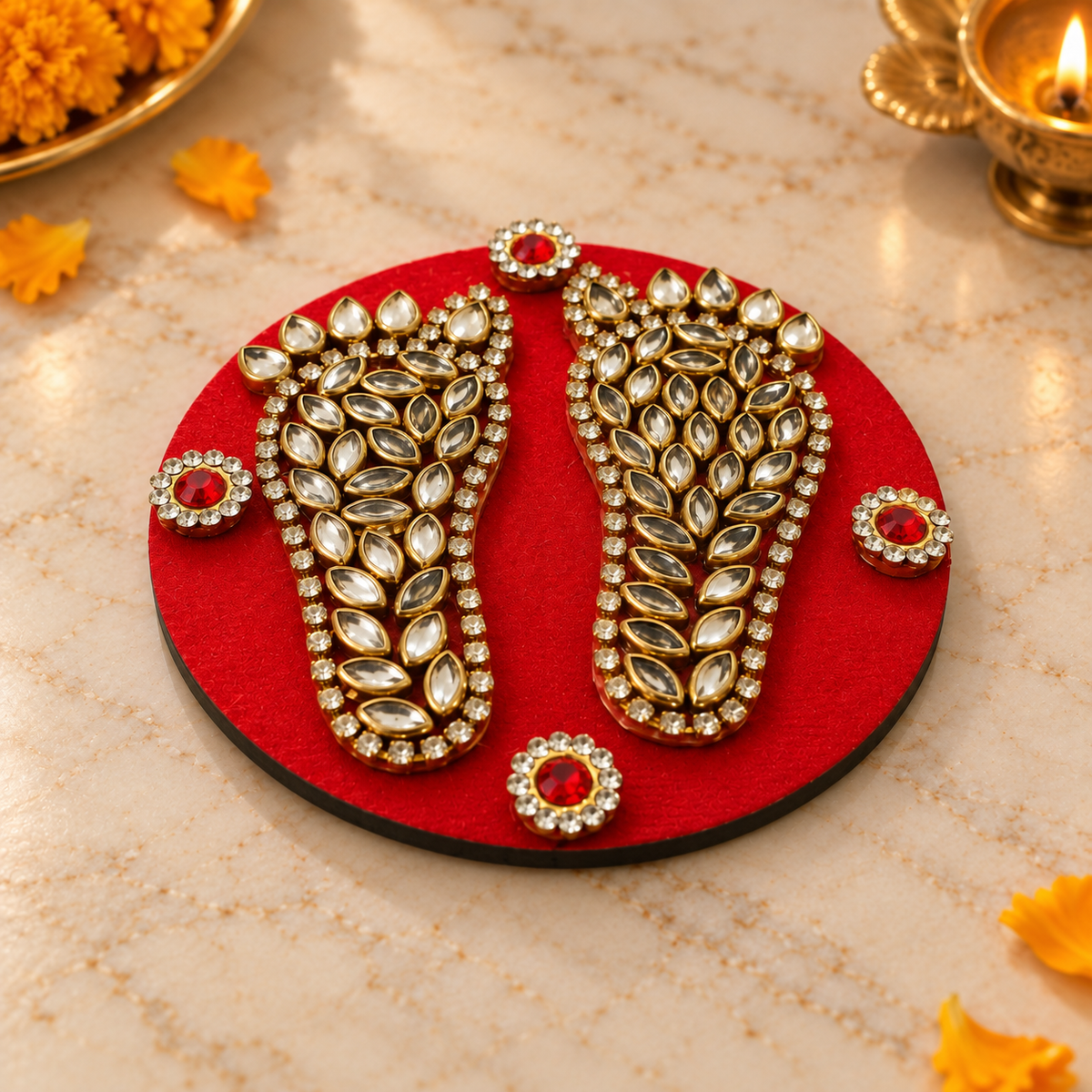 Charan Padika red round kundan diagonal view