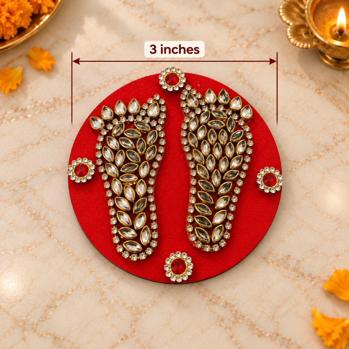 Charan Padika red round kundan 3 inch measurement