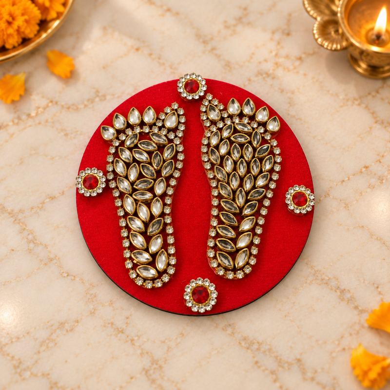 Charan Padika red round kundan overhead view