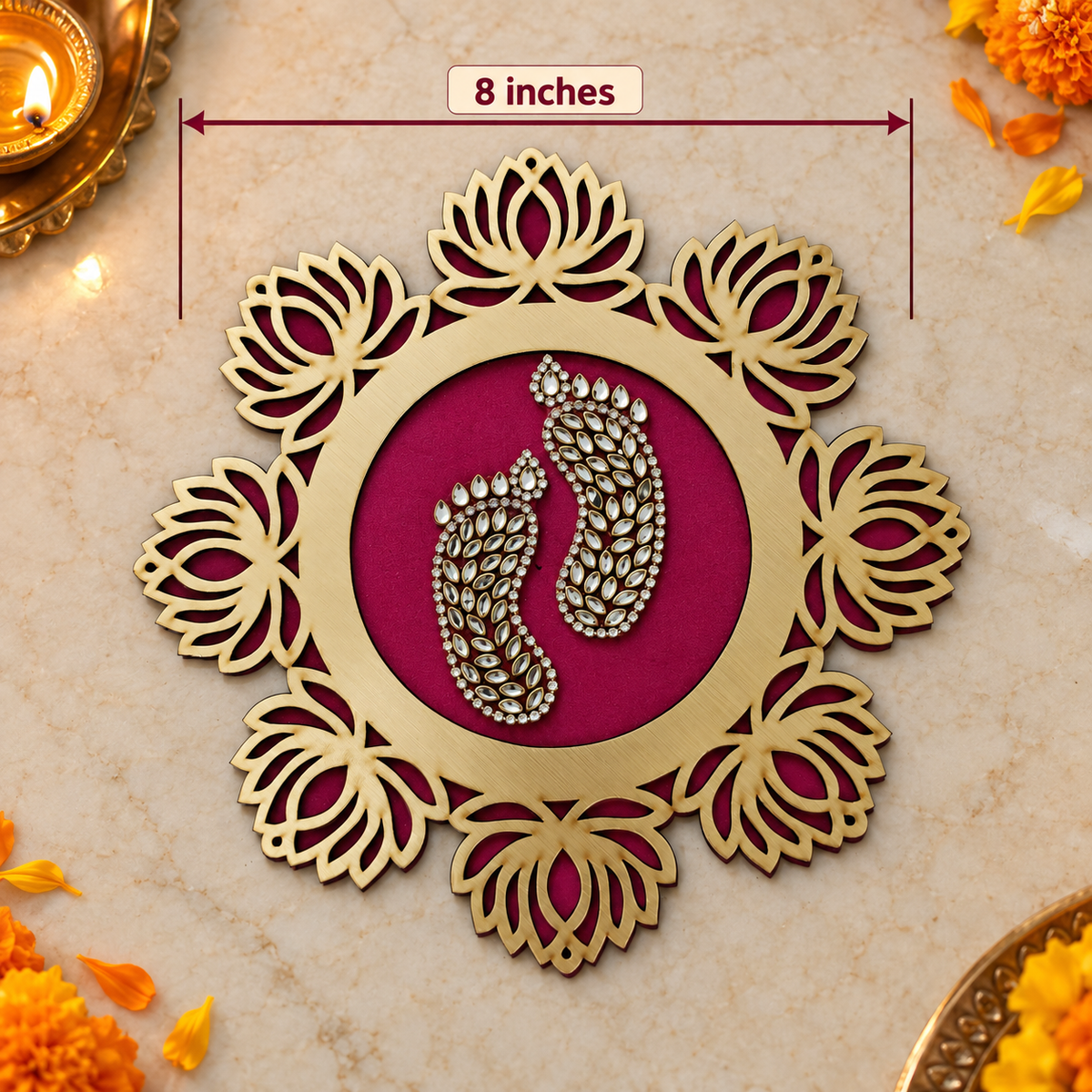Magenta lotus frame Charan Padika 8 inch measurement