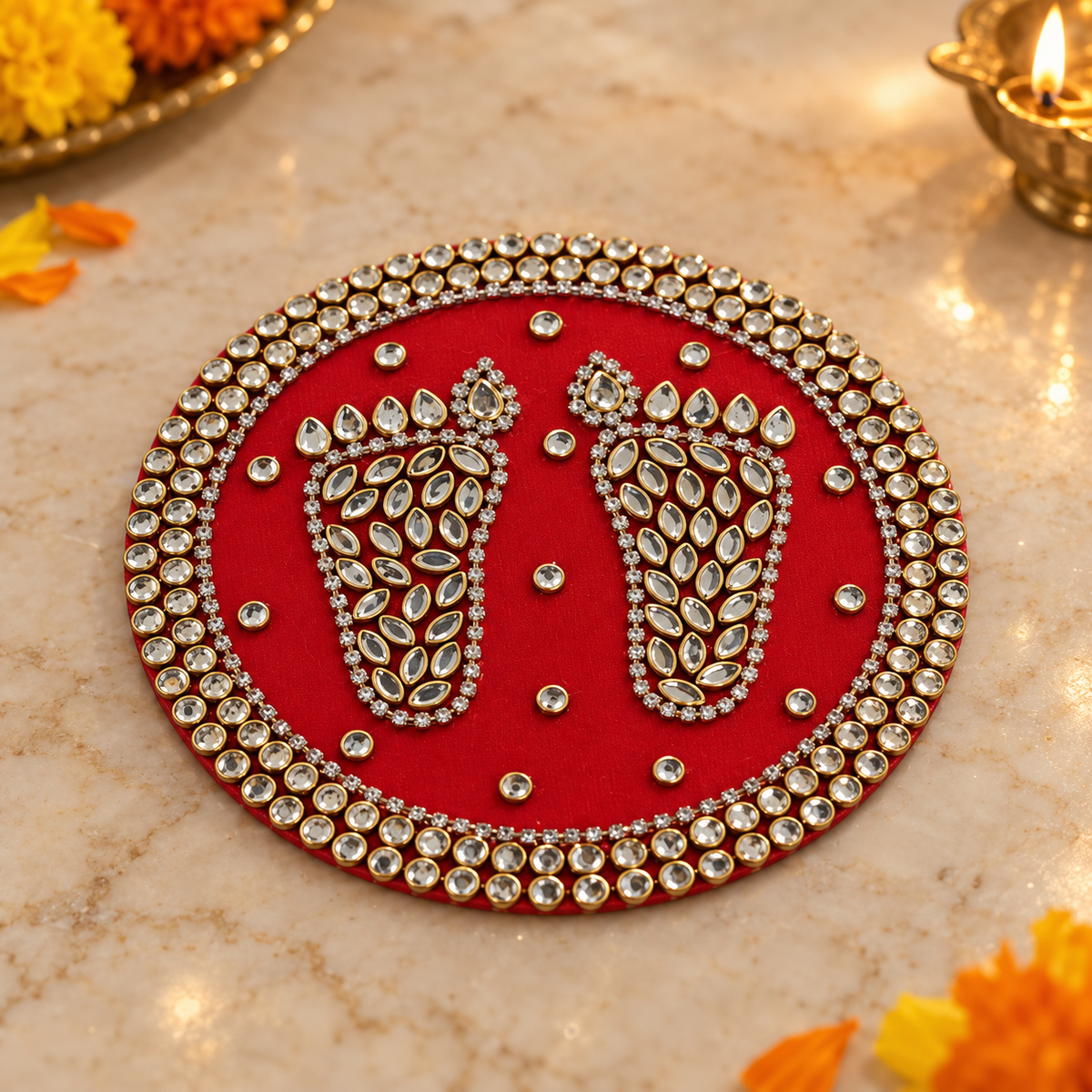 Red round mirror border Charan Padika diagonal view
