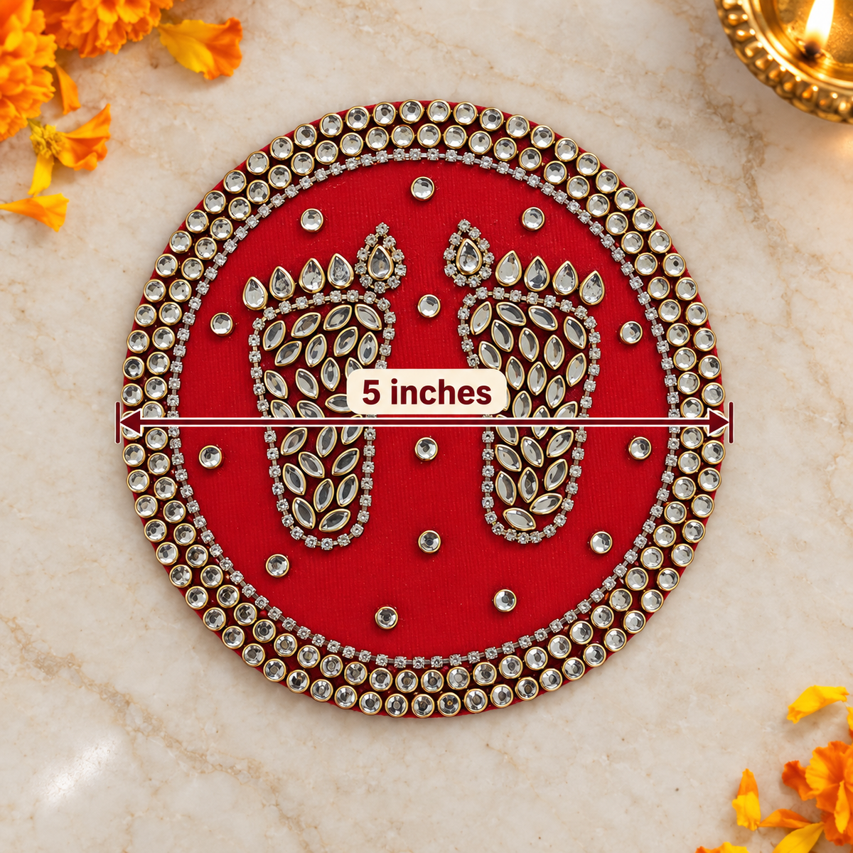 Red round mirror border Charan Padika 5 inch measurement