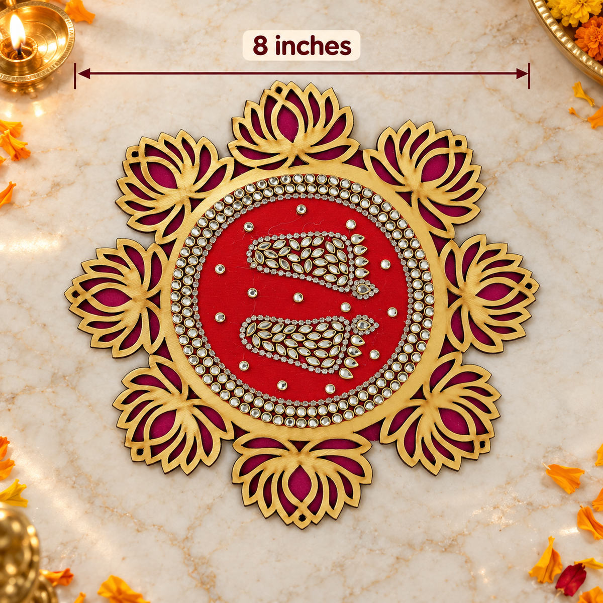 Magenta lotus kundan Charan Padika 8 inch measurement