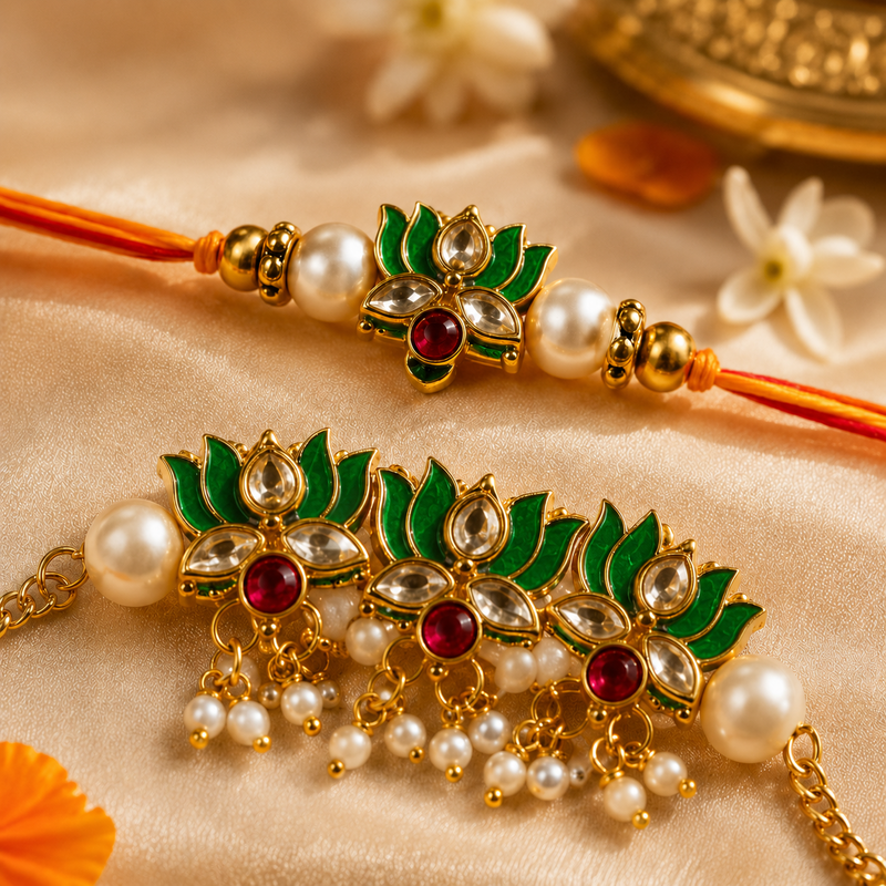 Emerald Green Lotus Kundan Rakhi and Bracelet Set for Brother - close-up