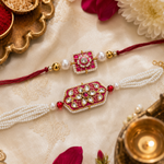 Fuchsia floral Kundan Rakhi and multi-strand pearl bracelet set - full view