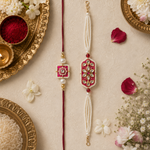 Fuchsia floral Kundan Rakhi and multi-strand pearl bracelet set - styled view
