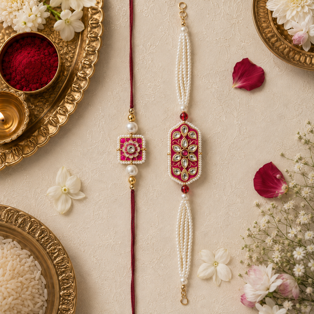 Fuchsia floral Kundan Rakhi and multi-strand pearl bracelet set - styled view