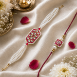 Fuchsia floral Kundan Rakhi and multi-strand pearl bracelet set - close-up